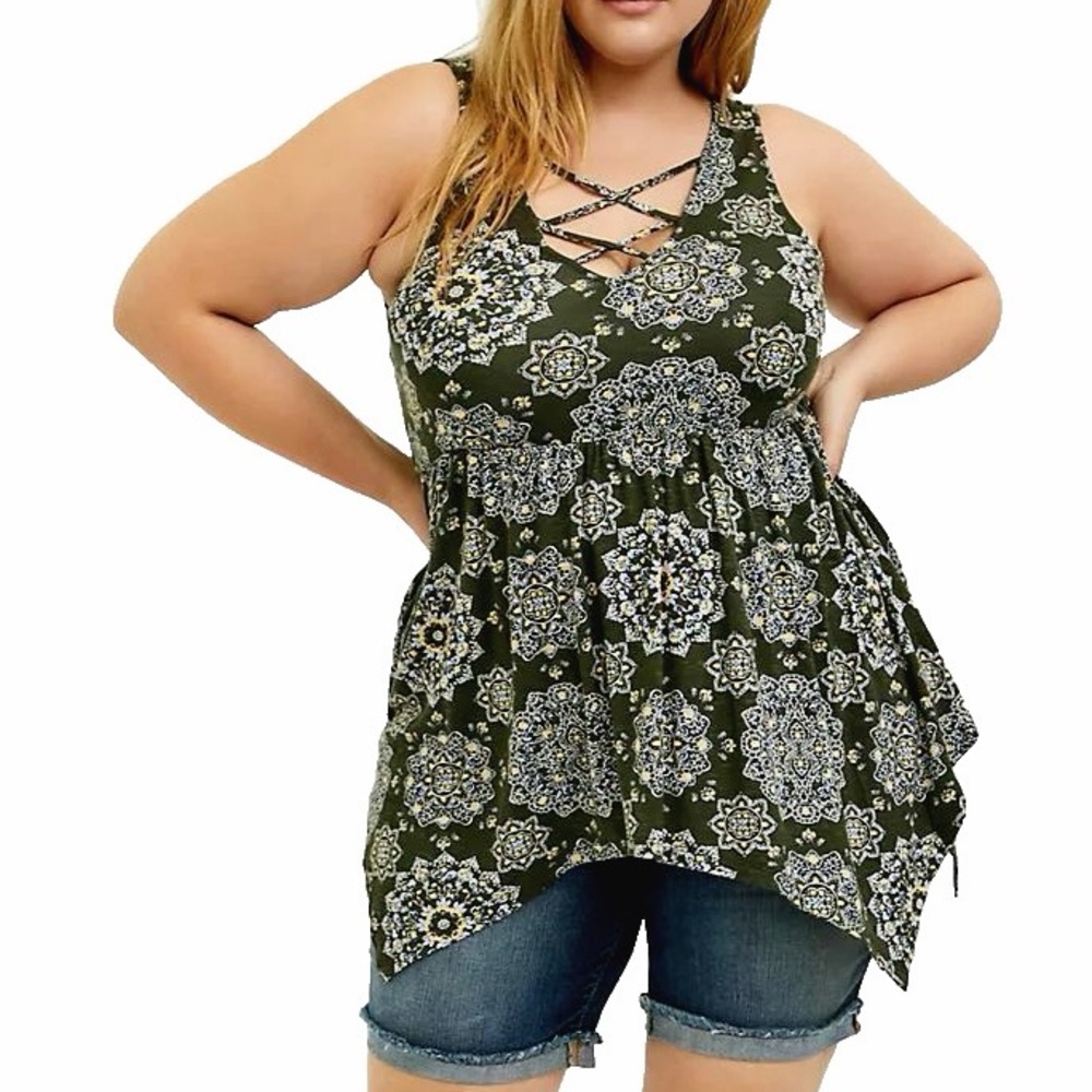 Torrid Olive Green Supersoft Mandala Babydoll Top - Torrid Size 3 (22-24, 3X) - Picture 2 of 16